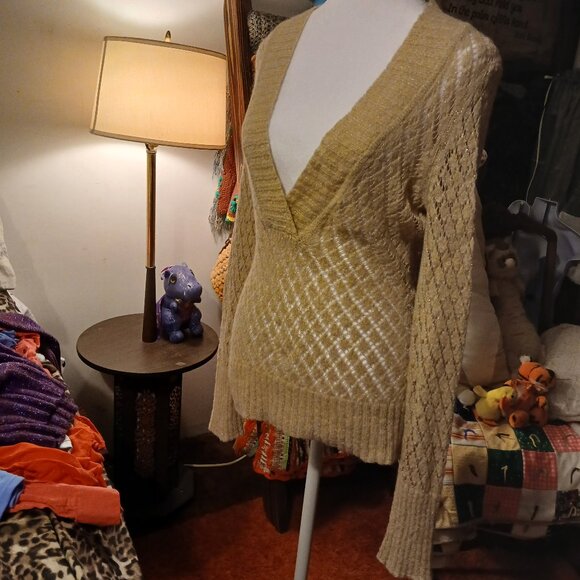 Ann Taylor Loft Women's Size Small Cream Gold Long Sleeve Deep V Neck Sweater - Picture 7 of 13